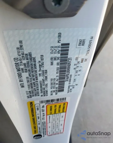 2017 Ford Fusion Se Hybrid z USA, uszkodzony, nr VIN 3FA6P0LU0HR409721